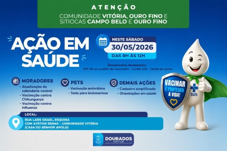 Poster anunciação de ações de saúde: data 30/05/2026, 8h-12h, vacinação e informações para moradores e pets em Vitória/Campo Belo, com mascote de gota sorridente e escudo SUS ao lado.