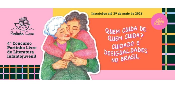 Promotional banner for 4th Portinho Livre literature contest with an embracing elderly couple and text about care and inequalities in Brazil.