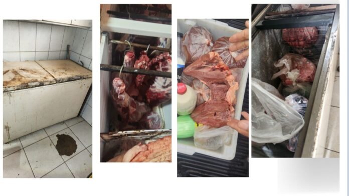 Series of raw beef cuts in a butcher shop: dirty chest freezer, hanging carcasses, and meat in plastic bags.