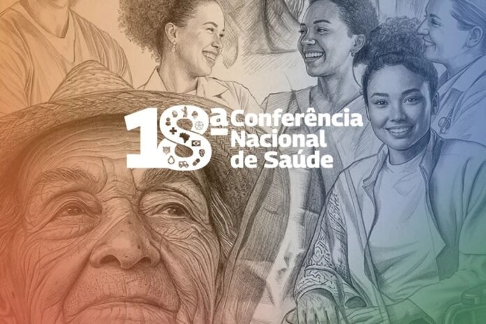 Banner da 10ª Conferência Nacional de Saúde com uma idosa em primeiro plano e profissionais de saúde ao fundo em tons laranja, azul e verde, transmitindo movimento e união.