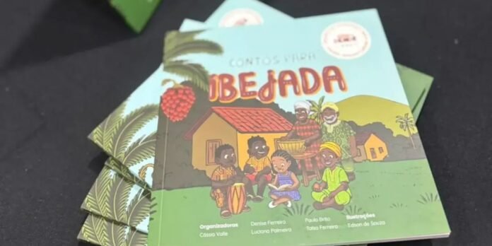 Colorful children's book cover featuring a group of kids in a village setting with a small house and palm trees.