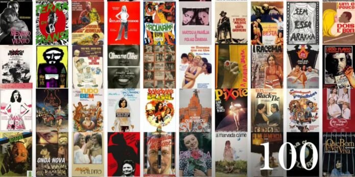 Collage of colorful vintage movie posters arranged in a grid, with a large '100' watermark at the bottom right.
