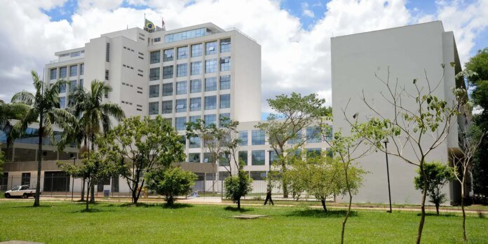 Modern white, multi-story office building with many blue-tinted windows, surrounded by palm trees and a green lawn in front.
