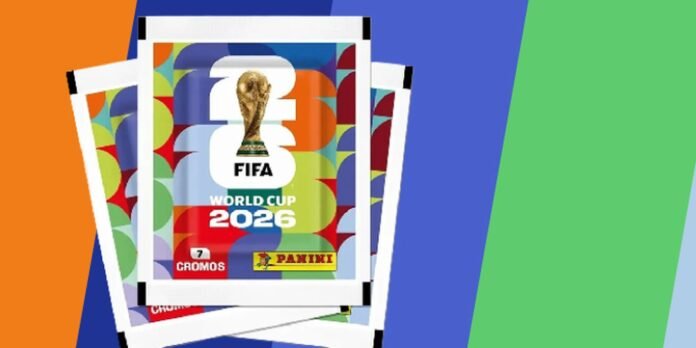 Colorful collage of a Panini World Cup 2026 sticker album with the FIFA trophy logo at the center.
