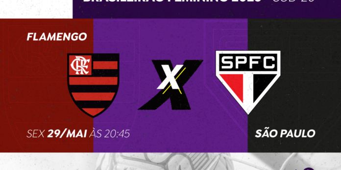 Banner announcing Flamengo vs SPFC soccer match on May 29 at 20:45, with team crests and a central X.