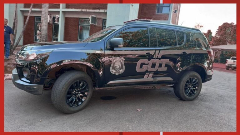 Black GOI SUV with Polícia Civil badge parked on a street in front of a brick building.