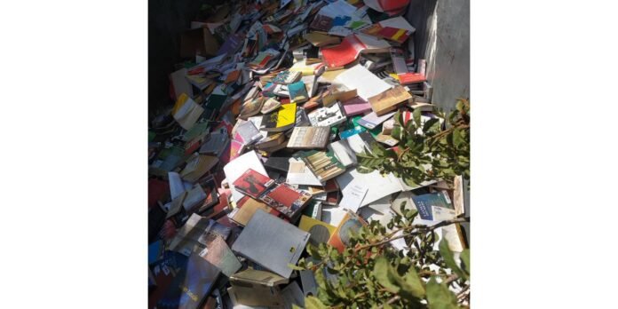 A chaotic heap of assorted books piled on the ground, with a leafy plant in the foreground.