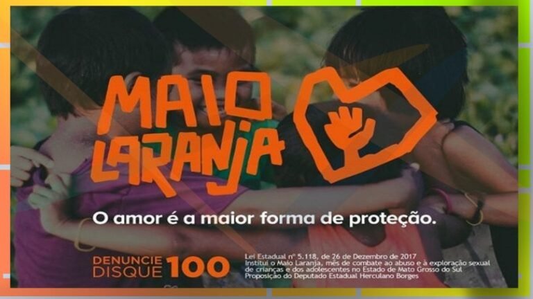 Campaign poster for Maio Laranja: kids hugging with a heart hand symbol and the slogan 'O amor é a maior forma de proteção.'