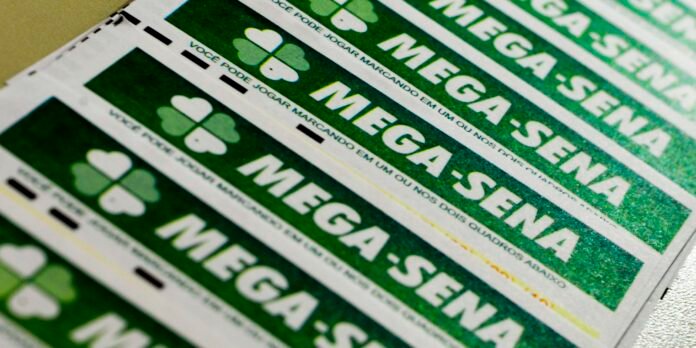 Diagonal stack of green Mega-Sena lottery tickets with clover logo and bold MEGA-SENA text