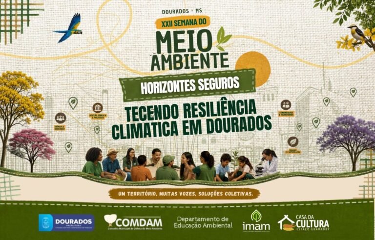 Cartaz promocional da XXII Semana do Meio Ambiente de Dourados, MS, com grupo de pessoas reunidas discutindo em torno de um tema ambiental e o título 'Meio Ambiente' em destaque.