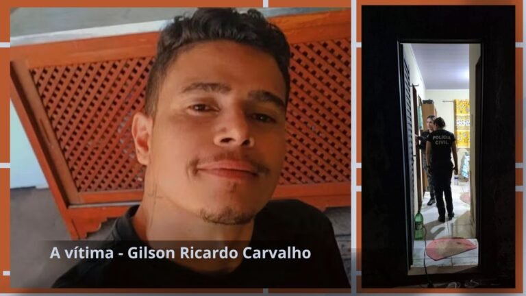 Left: close-up portrait of a man with a caption reading 'A vítima - Gilson Ricardo Carvalho'; right: a police officer in a 'Polícia Civil' vest standing in a doorway inside a home, suggesting an investigation scene.
