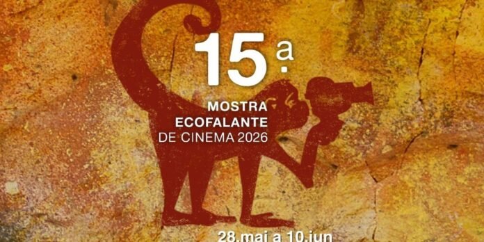 Poster announcing the 15th Ecofalante Cinema Festival 2026, featuring a red camera-wielding figure on an orange textured background; dates 28 May–10 June.