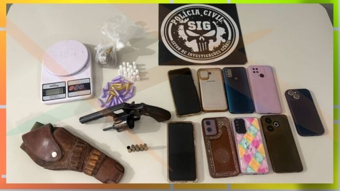 Collection of crime-evidence on a table: a handgun in a leather holster, ammunition, a bag of drugs, a digital scale, and numerous smartphones with a police badge in the background