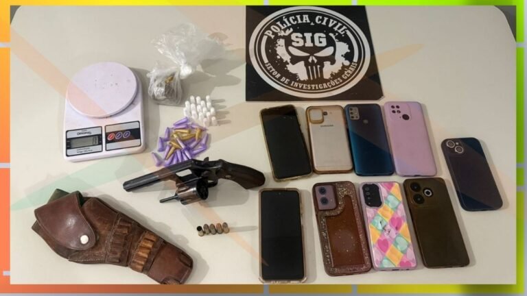 Collection of crime-evidence on a table: a handgun in a leather holster, ammunition, a bag of drugs, a digital scale, and numerous smartphones with a police badge in the background