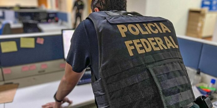 Federal Police officer wearing a tactical vest, seen from behind in an office setting with desks and monitors nearby, POLÍCIA FEDERAL on vest