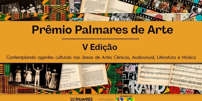 Banner announcing Prémio Palmares de Arte, V Edição, with a collage of books, photos and film strips celebrating cultural arts.