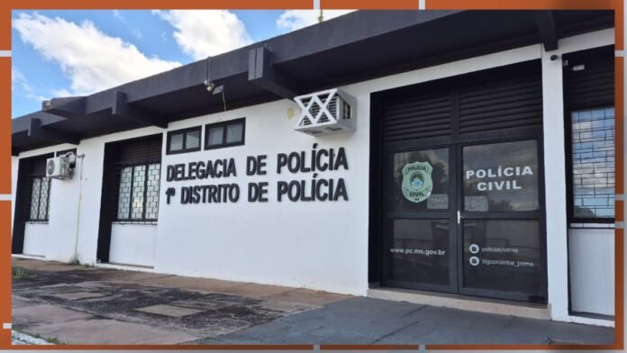 Frente de delegacia de polícia, prédio branco com letreiro 'DELEGACIA DE POLÍCIA 1º DISTRITO DE POLÍCIA' e porta de vidro com logotipo da Polícia Civil no lado direito da fachada interior.