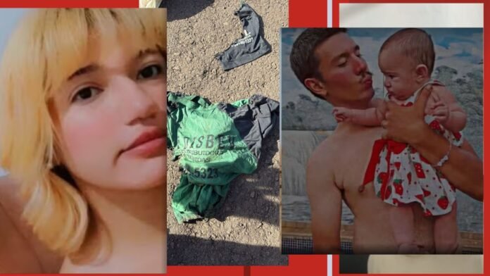 Collage: left is a close-up of a young blonde woman; middle shows clothes on dirt with a green bag; right shows a man holding and kissing a baby by water/sea.