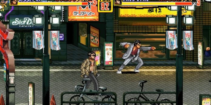 Two pixel art street fighters face off in a neon-lit city scene, one in a tan jacket and the other in a gray suit, with bicycles in the foreground and bright signs behind them.