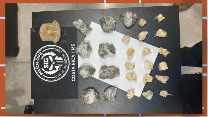 Several irregular rock-like chunks of varying sizes arranged on a white sheet atop a dark table, with a police emblem visible nearby.