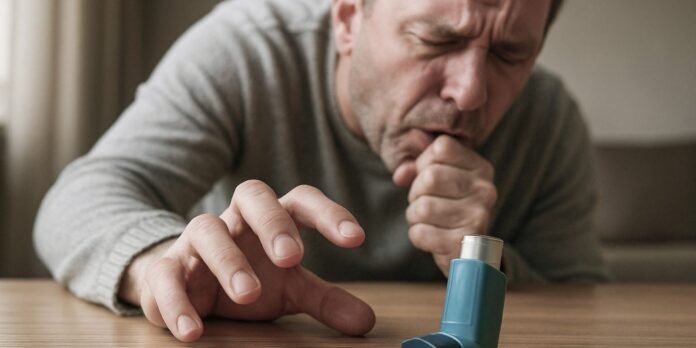 Man sitting at a table reaching for an inhaler, stressed or in discomfort, likely experiencing asthma symptoms.