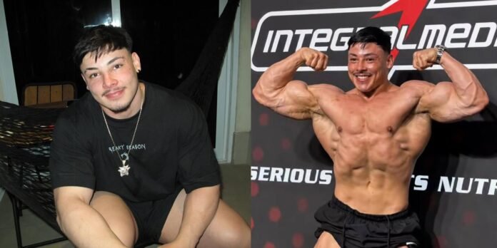 Side-by-side image: left shows a man in a black T-shirt sitting outdoors at night wearing a chain; right shows a muscular shirtless man posing with flexed arms on a competition stage with branded backdrop.