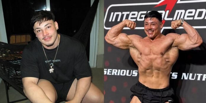 Two-panel image: on the left, a man in a black t‑shirt and shorts sits and smiles outdoors; on the right, a shirtless, heavily muscled man flexes his biceps on stage.