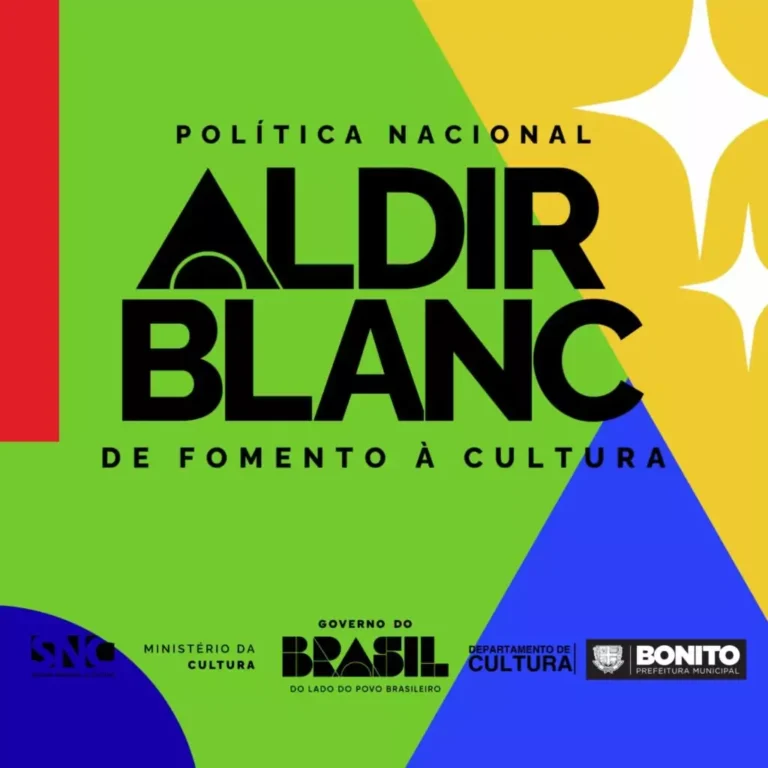 Poster promoting Brazilian culture with bold black text 'ALDIR BLANC' on a green field, surrounded by red, blue, and yellow geometric shapes and logos at the bottom.