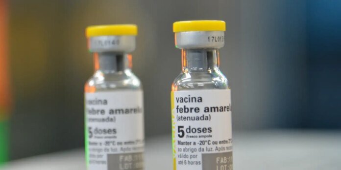 Two glass vaccine vials with yellow tops, labeled 'vacina febre amarela (atenuada)' and '5 doses', on a lab table.