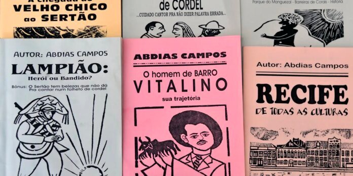 A collage of six vintage book covers in pastel colors, with titles by Abdias Campos and various illustrations of people and scenes.