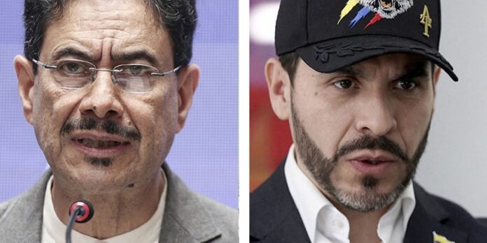 Two men shown in a split image: left is an older man with glasses speaking into a microphone; right is a younger man with a beard wearing a black cap and suit.
