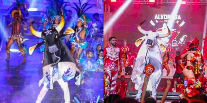 Vibrant carnival stage with performers in colorful costumes and a large bull mascot on the right, audience cheering nearby