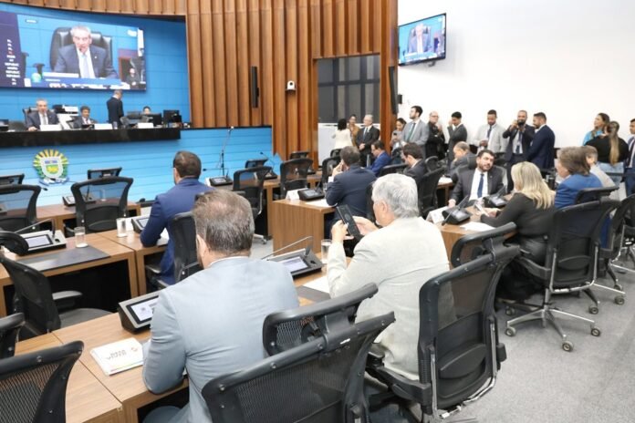 A government hearing in a modern chamber with delegates seated at desks while a speaker appears on a large screen at the front.