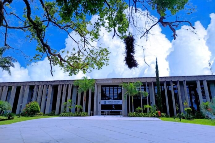 Modern government building with tall vertical concrete columns, glass entrance, and tropical landscaping under a blue sky.