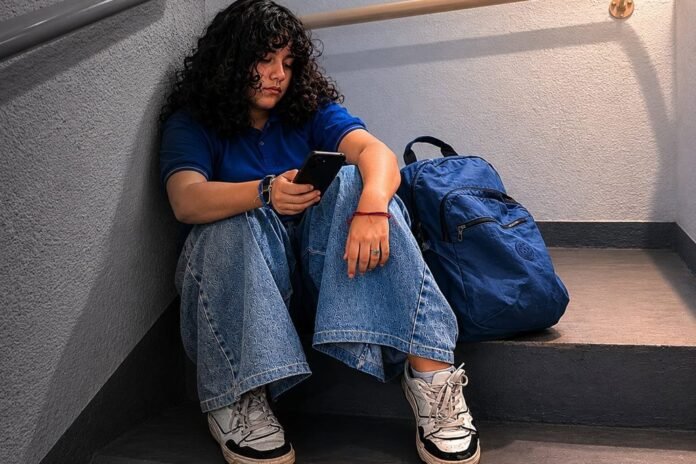 Person sitting on a stair landing, looking at a smartphone with a blue backpack beside them on the step.
