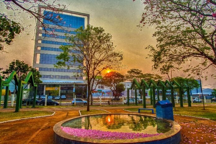 Sunset behind a glass-office building, viewed from a park with a circular fountain and pink petals on the ground.