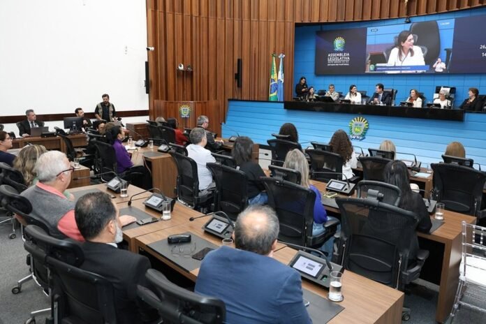 Legislative chamber with a panel of officials at a blue dais, audience seated at desks, and Brazilian flags visible on the wall behind them.