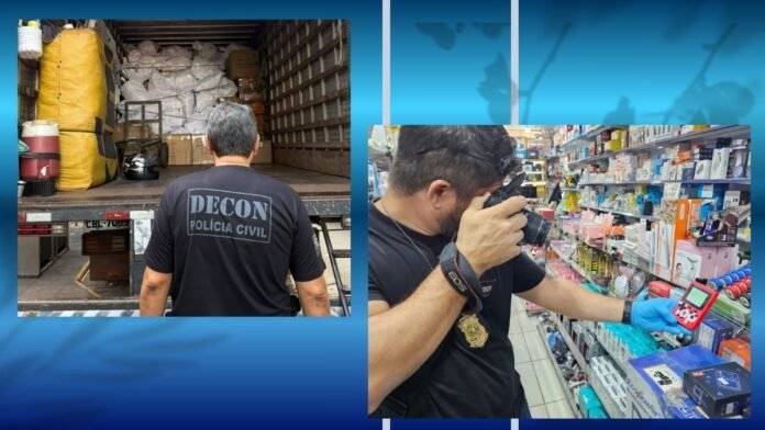 Man wearing a DECON POLÍCIA CIVIL shirt stands at the open back of a cargo truck packed with boxes and bags.