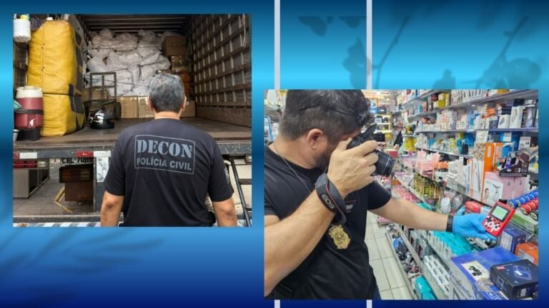 Man wearing a DECON POLÍCIA CIVIL shirt stands at the open back of a cargo truck packed with boxes and bags.