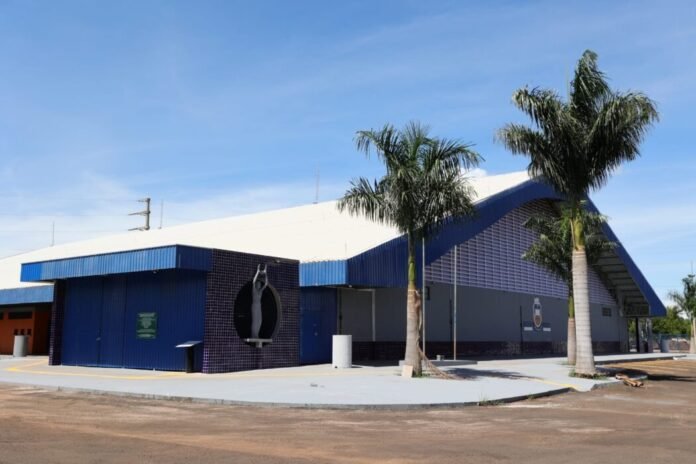 Exterior view of a blue building with a circular metal sculpture of a person at the entrance, flanked by tall palm trees under a clear sky.