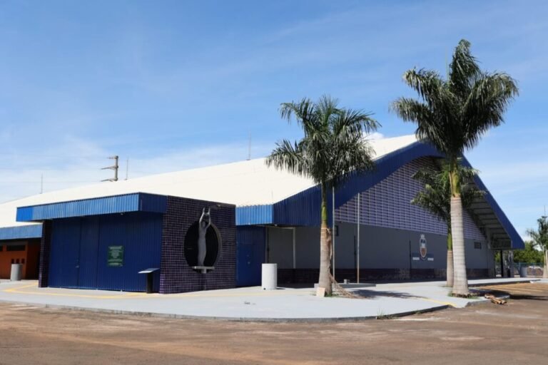 Exterior view of a blue building with a circular metal sculpture of a person at the entrance, flanked by tall palm trees under a clear sky.