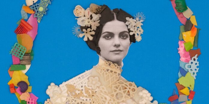 Vintage-style black-and-white portrait of a woman with a lace-like collage headdress against a bright blue background, framed by colorful paper scraps on the sides.