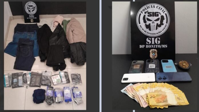 Two-panel evidence photo: left shows folded clothes and small packaged items; right shows smartphones, cash, and a police emblem backdrop.