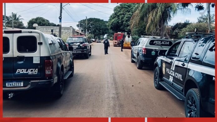 Line of Polícia Civil vehicles parked along a dirt road in a residential neighborhood as officers stand near the center.