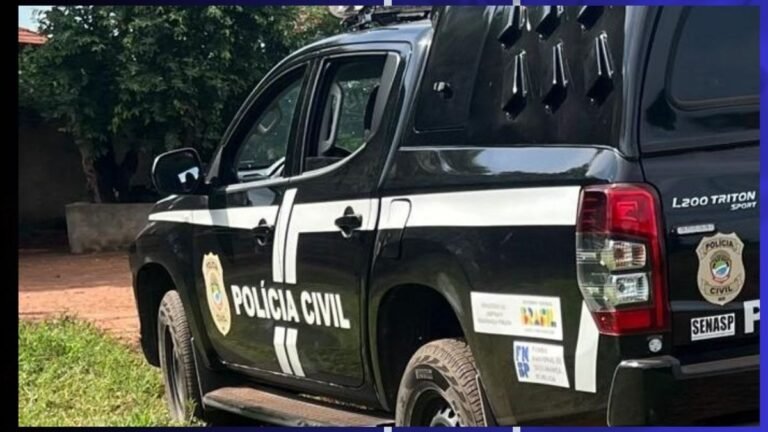 Police Civil pickup truck with bold white stripe and crest parked on a street, showing 'POLÍCIA CIVIL' on the side.