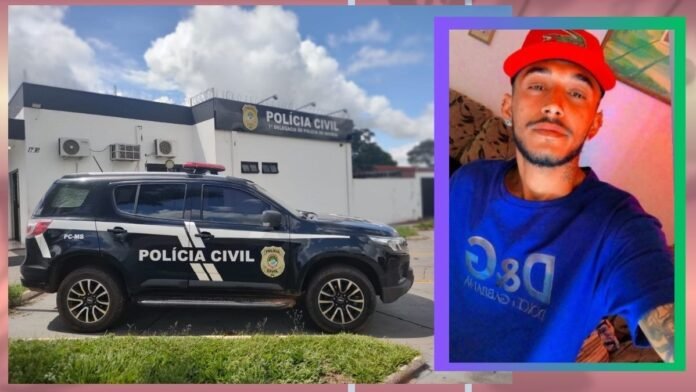Polícia Civil SUV parked outside a police station; inset portrait of a man wearing a red cap and blue shirt.
