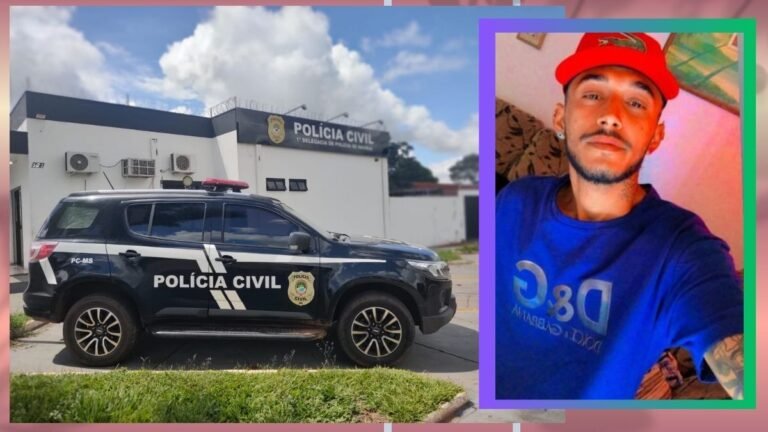Polícia Civil SUV parked outside a police station; inset portrait of a man wearing a red cap and blue shirt.