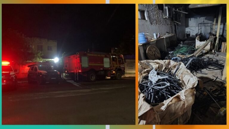 Two-panel scene: left shows a red fire truck and responders at night; right shows a cluttered workshop with piles of black metal rods, cables, and debris.