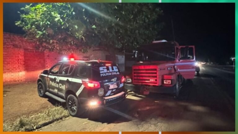 Nighttime scene with a police SUV and a red truck on a dark street, blue/red lights flashing.