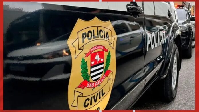 Side of a black Polícia Civil car with the São Paulo badge displayed on the door
